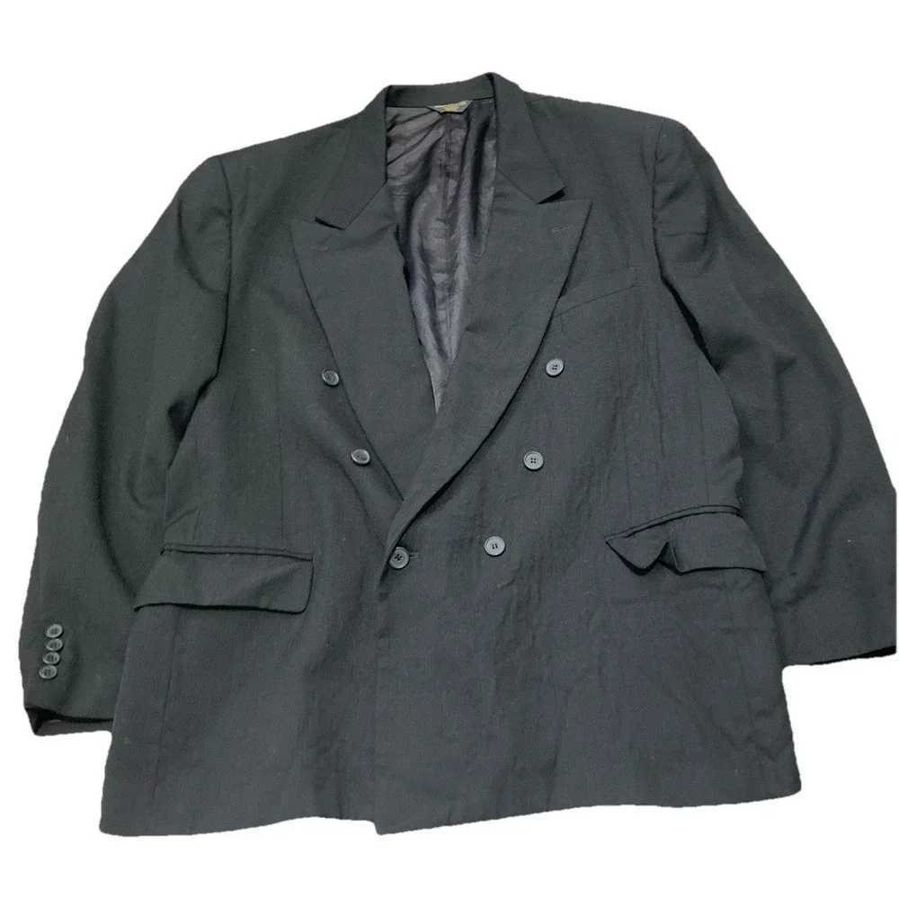 Vintage Bellini Uomo Mens 48R Black Double Breasted Wool Blazer Sport Coat